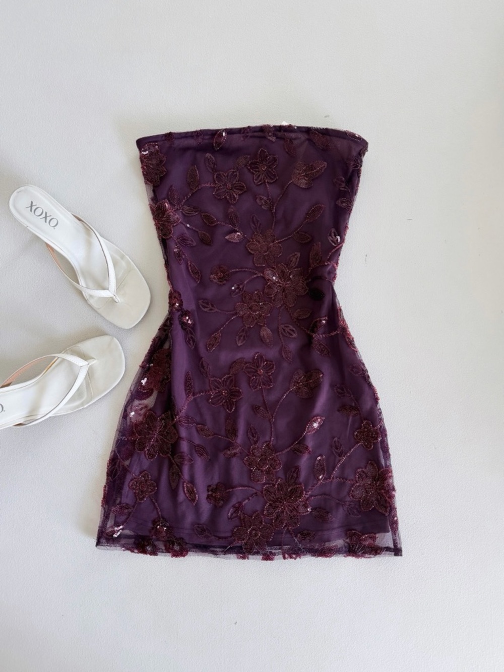 PEPERMAYO Seeking Mini Dress – Sheer Floral Lace in Deep Plum